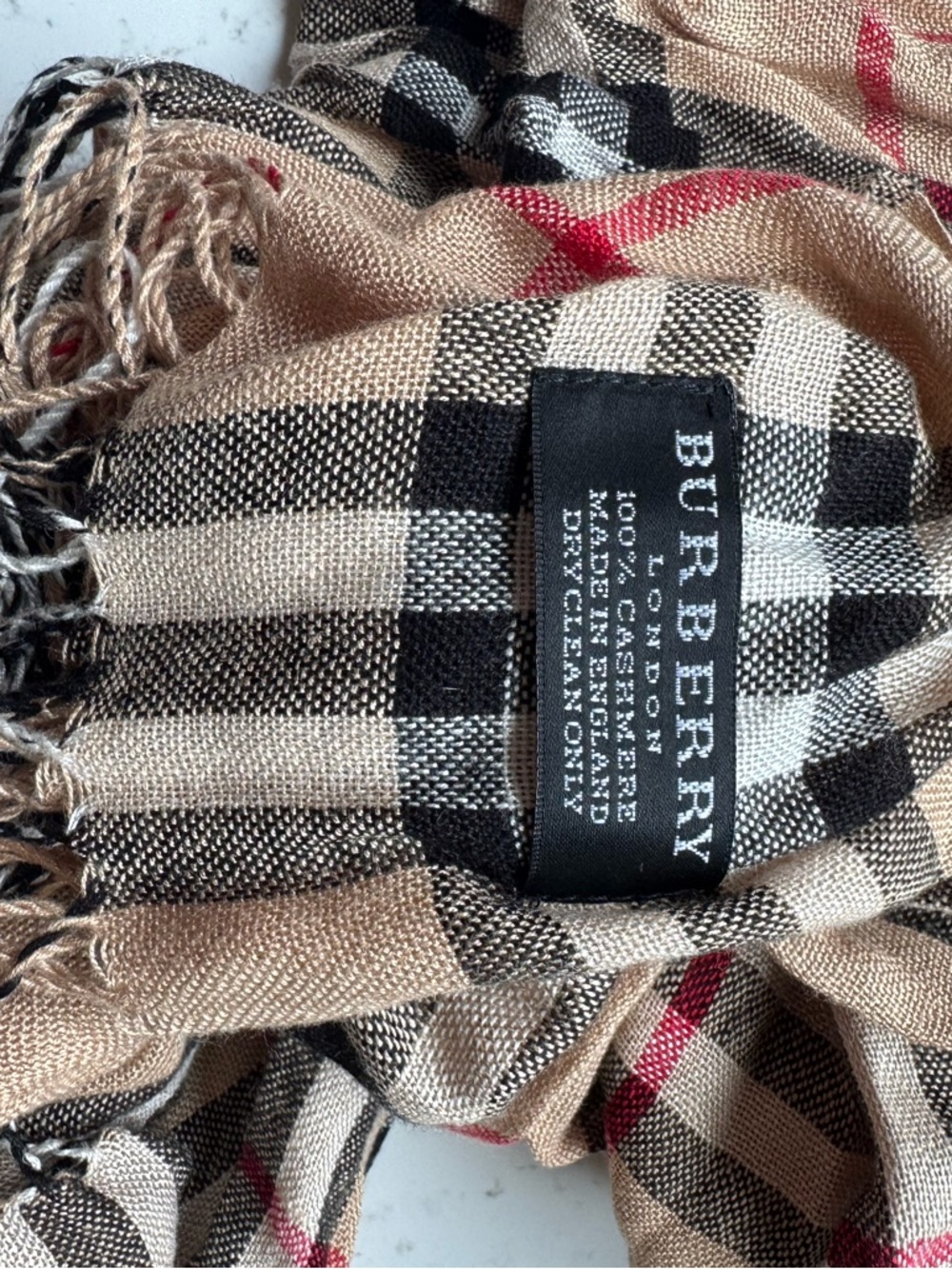 Burberry Beige Plaid Wool-Blend Scarf with Black and Red Trim - Picture 4 of 6